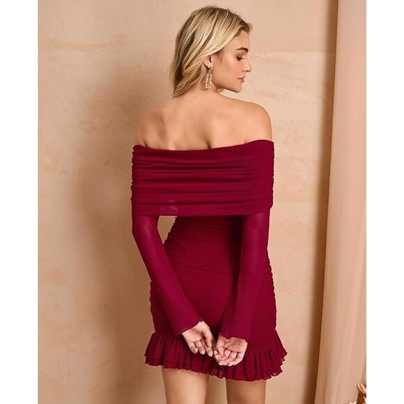 Womens Wine Red Off Shoulder Mesh Bodycon Ruffle Hem Ruched Sexy Mini Dress Med - Picture 3 of 10